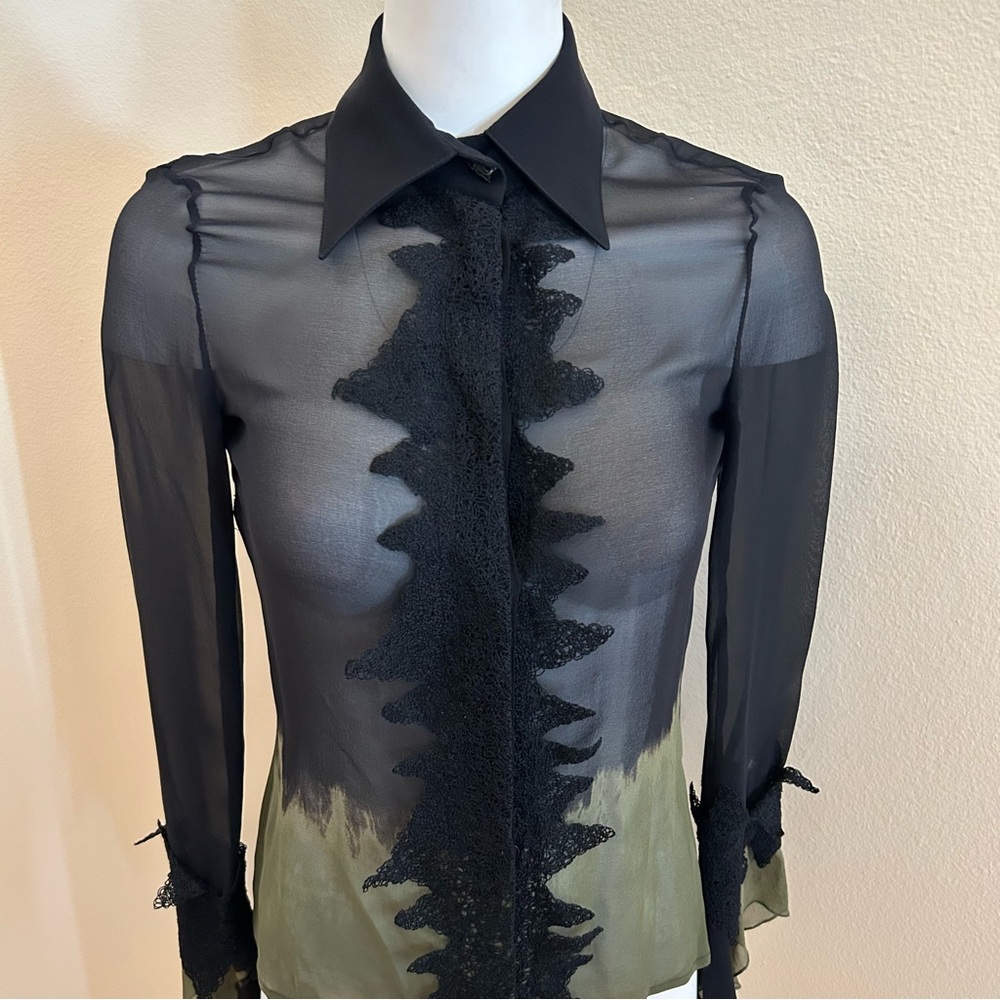 Versace Silk Blouse Lace X Small to Small Sheer Top Long Sleeves Button Front - Picture 2 of 8